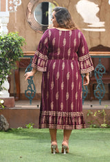 Plus Size Wine Gold Printed Flared Sleeves Rayon Dress