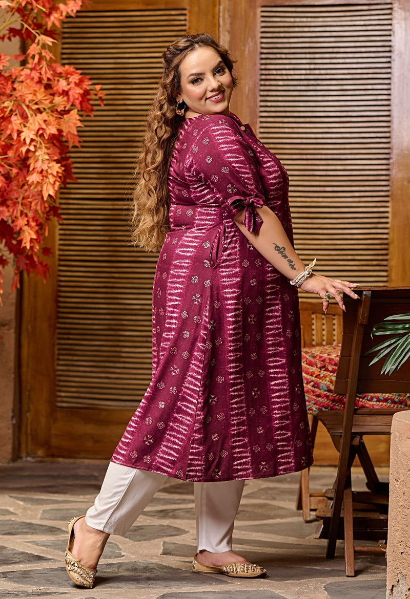 Plus Size Spicy Wine Rayon Kurta Pant Set