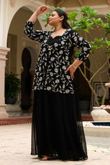 Plus Size Regal Charm Black & Ivory Embroidered Cape Anarkali