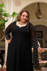 Plus Size Timeless Black Flowing Anarkali with Statement Foil Dupatta