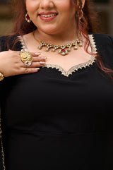 Plus Size Timeless Black Flowing Anarkali with Statement Foil Dupatta