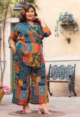 Plus Size Teal Abstract Pure Chinon Co-ord Set