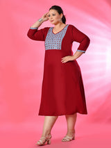 Plus Size Maroon Mirror Embroidered A line Dress