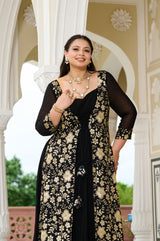 Plus Size Celestial Charm Black Embroidered Cape Anarkali