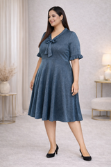 Plus Size Blue A-Line Dress with Bow Neck & Ruffle Sleeves