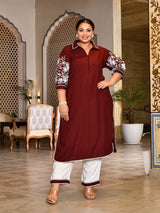 Rust Bloom Embroidered Rayon Kurta Set for Women