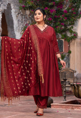 Plus Size Magnetic Maroon Cotton Silk Anarkali with Dupatta
