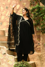 Plus Size Mirror Black Alia Kurta Set with Scalping Dupatta