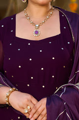 Plus Size Plum Royale Georgette Anarkali with Mukaish Work & Dupatta