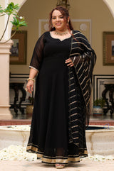 Plus Size Timeless Black Flowing Anarkali with Statement Foil Dupatta