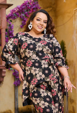 Plus Size Black Floral Foil Printed Rayon Co-ord Set