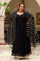 Plus Size Timeless Black Flowing Anarkali with Statement Foil Dupatta