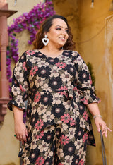 Plus Size Black Floral Foil Printed Rayon Co-ord Set