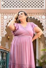 Plus Size Delicate Mauve Lace Frill Midi Dress