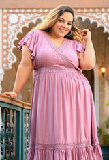 Plus Size Delicate Mauve Lace Frill Midi Dress