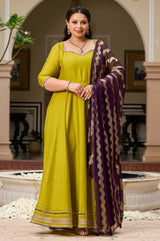 Plus Size Mehfil Magic Parrot Anarkali with Contrast Plum Dupatta