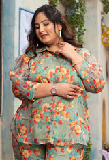 Plus Size Floral Green Serenity Organza Co-ord Set