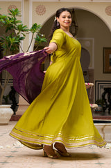 Plus Size Mehfil Magic Parrot Anarkali with Contrast Plum Dupatta