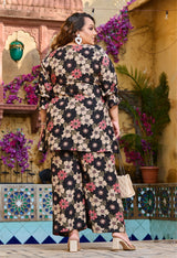 Plus Size Black Floral Foil Printed Rayon Co-ord Set