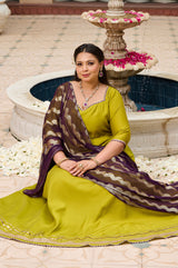 Plus Size Mehfil Magic Parrot Anarkali with Contrast Plum Dupatta