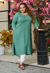 Plus Size Seagreen Pintex Solid Rayon Kurta