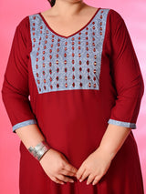 Plus Size Maroon Mirror Embroidered A line Dress