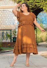 Plus Size Spicy Mustard Rayon Frill Dress