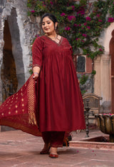 Plus Size Magnetic Maroon Cotton Silk Anarkali with Dupatta