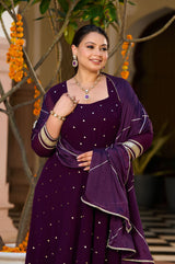 Plus Size Plum Royale Georgette Anarkali with Mukaish Work & Dupatta