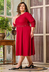 Plus Size Fierce Maroon Mirror Belt Rayon Dress