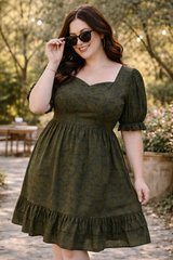 Plus Size Olive Green Tye Dye Prism Puff Sleeve Dress