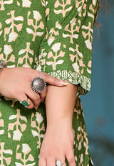 Plus Size Fresh Green Pure Cotton jaipuri Kurta Pant Set with Dupatta