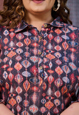 Plus Size Black Printed Collared Linen Co-ord Set