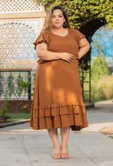 Plus Size Spicy Mustard Rayon Frill Dress
