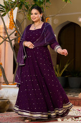 Plus Size Plum Royale Georgette Anarkali with Mukaish Work & Dupatta