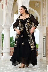 Plus Size Celestial Charm Black Embroidered Cape Anarkali