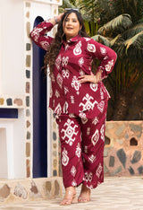 Plus Size Abstract Printed Pure Satin Co-ord Set