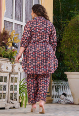 Plus Size Black Printed Collared Linen Co-ord Set