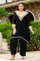 Plus Size Opulent Black Asymmetrical Co-ord Set with Statement Gold Detailing