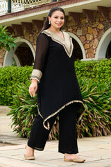 Plus Size Opulent Black Asymmetrical Co-ord Set with Statement Gold Detailing