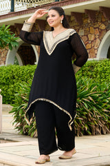 Plus Size Opulent Black Asymmetrical Co-ord Set with Statement Gold Detailing