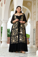 Plus Size Celestial Charm Black Embroidered Cape Anarkali