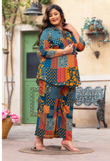 Plus Size Teal Abstract Pure Chinon Co-ord Set