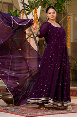 Plus Size Plum Royale Georgette Anarkali with Mukaish Work & Dupatta