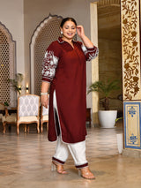 Rust Bloom Embroidered Rayon Kurta Set for Women