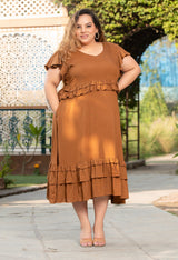 Plus Size Spicy Mustard Rayon Frill Dress