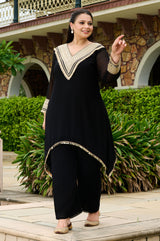 Plus Size Opulent Black Asymmetrical Co-ord Set with Statement Gold Detailing