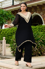 Plus Size Opulent Black Asymmetrical Co-ord Set with Statement Gold Detailing