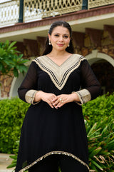 Plus Size Opulent Black Asymmetrical Co-ord Set with Statement Gold Detailing