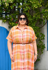 Plus Size Rust Orange Check Shirt Muslin Dress – Belted Midi Dress with Front Buttons